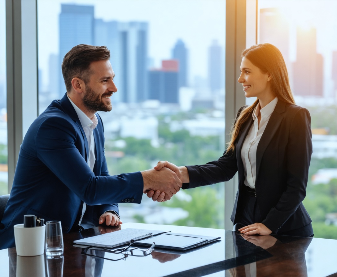 CEO und Consultant beim Handschlag im Luxusbüro