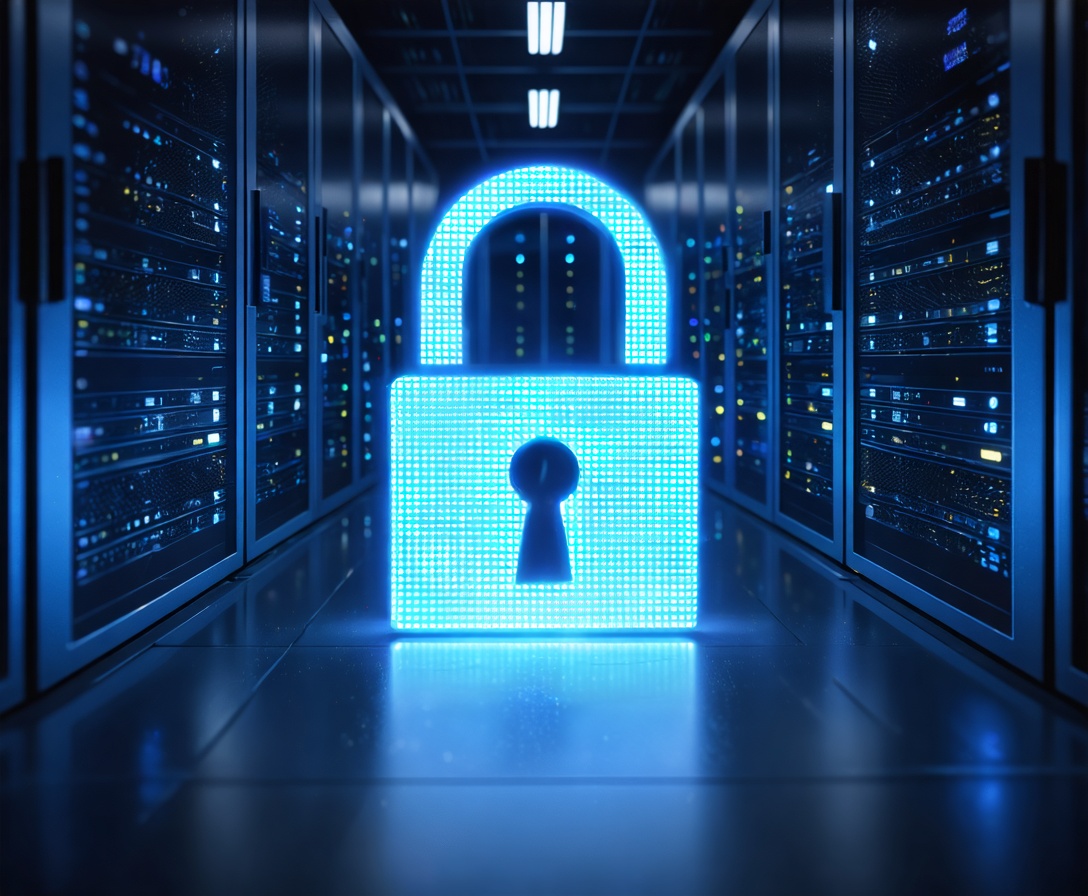 Symbolische Darstellung von Datensicherheit in einem modernen Serverraum