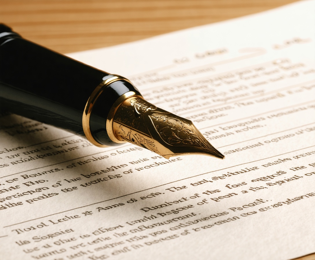 Detailaufnahme eines unterzeichneten Vertragsdokuments mit einem Füllfederhalter