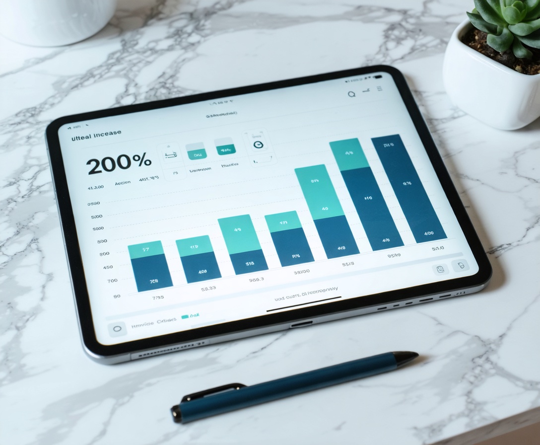 Tablet auf Marmorschreibtisch zeigt 200 Prozent Wachstum